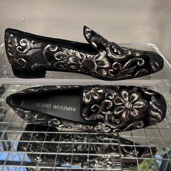 Stuart Weitzman Sz 7M Runatab Black Velvet Suede Sequin Loafer Flats Shoes - New - Picture 1 of 7